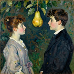 vintage beautiful painting of a two men looking at a hanging pear in Mary Cassatt style