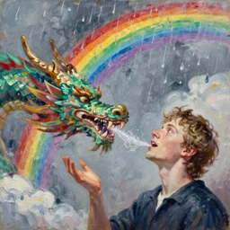 dragon puking rainbows, oil painting, Tooth Wu, Greg Rutkowski, RPG portrait, dynamic lighting, fantasy art, High contrast, depth of field