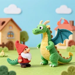 felt dragon attacking happy gnome cute vibrant felt town