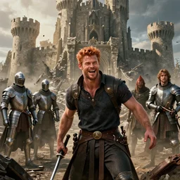 ( ( ( laughing ) ) ) ( ( ( ( copper haired chris hemsworth ) ) ) ) as destruction from sandman looking like kristofer hivju!! in front of a destroyed castle, medival armour!!, by jeremy mann, by frank moth, jeff easley, alphonse mucha, dave mckean, soft lightning, high detailed, 8 k