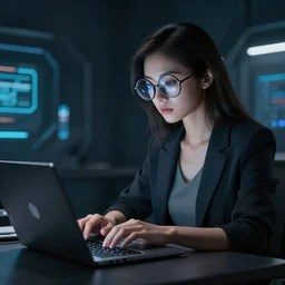 woman with big round glasses hacking on laptop, dark room, futuristic, 4 k, detailed
