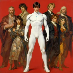 full character of a handsome futuristic superhero in white clothes, character design, painting by gaston bussiere, katsuya terada, nc wyeth, greg rutkowski, craig mullins, vermeer, frank frazetta, mucha, tom of finland, trending on artstation, jeffery catherine jones, rule of thirds, red