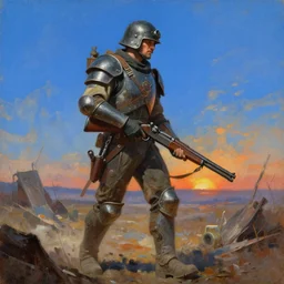 a detailed painting of a man in post apocalyptic home made armour and a helmet holding a modified shotgun walking around a wasteland with a blue sky walking towards a sunset. hd. 1 9 5 0 s oil painting style.