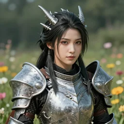 character portrait of a woman with dragon skin standing in a field of flowers wearing full plate armor, in the style of final fantasy xiv, a realistically proportioned face, photorealistic eyes, good value control, smooth, realistic shading, realistic face details, illustration, substance painter, very highly detailed