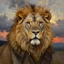 lion warrior , very textured detailed oil painting portrait by rembrandt, backlight, dramatic clouds ,sunset