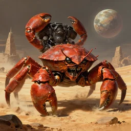 a single titanic monstrous crab runs abound on barren desert exoplanet by James Gurney, Beksinski and Alex Gray, the boss crab is a menacing sentient chaotic xenos from warhammer 40k hd illustration, wh40k
