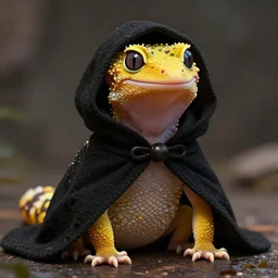 yellow humanoid gecko lizard ; wearing heavy black wool cloak ; hood pulled over head ; large eyes ; yellow skin ; fantasy race ; dungeon master ; trending on artstation ; digital art ; hyper realistic