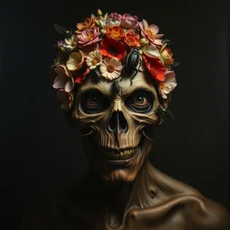 oil painting portrait dark background of a mutant man with a strange disturbing face made of flowers and insects by otto marseus van schriek rachel ruysch christian rex van minnen dutch golden age dramatic lighting chiaroscuro