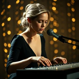 portrait of charlize theron playing a theremin instrument, classy, highly detailed, full format photo, hasselblad film bokeh, film grain, 4 k, uhd