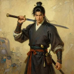 full character of a handsome ancient chinese martial hero with sword, character design, painting by gaston bussiere, katsuya terada, nc wyeth, greg rutkowski, craig mullins, vermeer, frank frazetta, mucha, tom of finland, trending on artstation, jeffery catherine jones