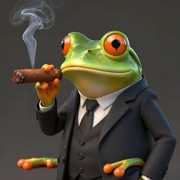 a high quality photo of an antropomorphic frog wearing a suit smoking a cigar cigar cigar cigar, 3d scene, render, ultra realistic, artstation, cgsociety