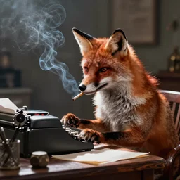 middle-aged fox with a beard sitting at his desk writing on a typewriter and smoking a cigarette, digital art, dramatic lighting
