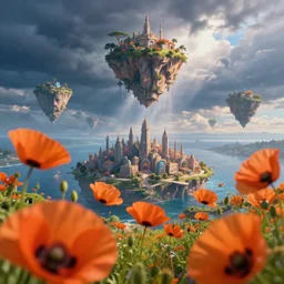 poppy close up, whimsical islands in the sky, close up sprawling fantasy city, storm clouds, blue orange color palette, god rays, flowers close up in foreground, max rive, 4 k, instagram, landscape, hdr