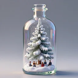 high intricate glimmering glass bottle containing a snow covered christmas tree inside, 3 d sculpture, maria panfilova, andrea savchenko, mike kime, ludovic plouffe, qi sheng luo, oliver cook, david noren, trending on artstation
