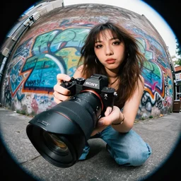 a close up fish eye photo of a kneeling urban woman with graffiti in the background, camera sony a 7 c, lens sony 1 6 - 3 5 mm f / 2. 8