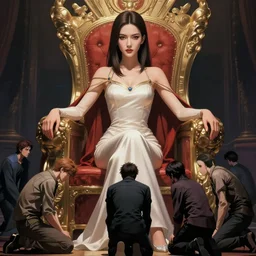 beautiful young asian woman with shoulder length hair and strong facial bone structure, queen and ruler of the universe, sitting on her throne, men kneeling at her feet | | very very anime!!!, fine - face, realistic shaded perfect face, fine details. anime. realistic shaded lighting poster by ilya kuvshinov katsuhiro otomo, magali villeneuve, artgerm, jeremy lipkin and michael garmash and rob rey