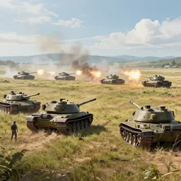 troops on a hill watching giant enemies tanks far in the distance shooting at them, hyperdetailed, artstation, cgsociety, 8 k