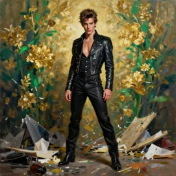 a messy messy painting of prince, a suave playboy standing in front of a backdrop of gold and green flowers, broad strokes, artstation, prince, art by delphin enjolras and john watkiss, smooth, sharp focus, dynamic lighting, ultrarealistic, cinematic, octane render, 8 k