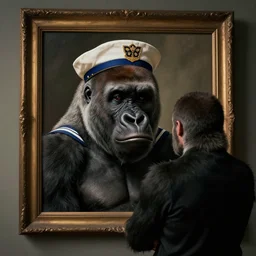 Gorilla contemplating a framed portrait of a human wearing a sailor’s hat, hyperrealistic, concept art, 8k, artstation, cinematic, volumetric lighting