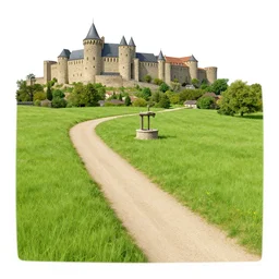 medieval road on a grassy field with a water well, in the background there is city of carcassonne, small roof above the well by stanley artgerm lau, wlop, rossdraws, frank frazetta, andrei riabovitchev, marc simonetti, tranding on artstation