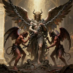 book of enoch, angels capture demons with huge chains and send them to hell, by oi, trending on artstation