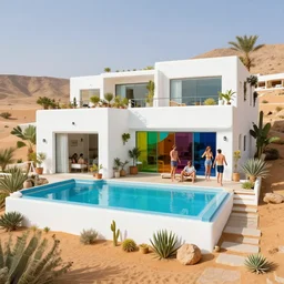 habitat 6 7, white terraced architecture house in the dessert, many plants and infinite pool, colorful glass wall, joyful people in the house