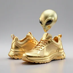 3d render of an alien wearing sneakers made of gold, ultra realistic, ultra HD
