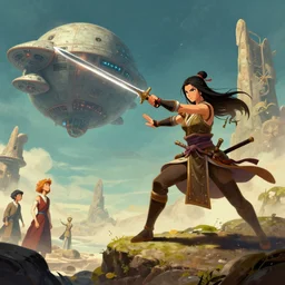 on a strange vintage scifi planet, a samurai wizard warrior goddess with sword attacks an extraterrestrial spaceship, winslow homer, moebius, roger dean, artstation