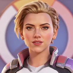 Scarlett Johansson as a character in the game Overwatch, with a background based on the game Overwatch, detailed face