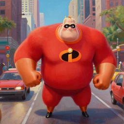 film still of mr incredible directing traffic in the the incredibles movie, oil on canvas, intricate, 8 k highly professionally detailed, hdr, cgsociety