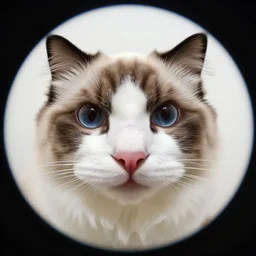 a photo of a ragdoll cats face, fisheye lens