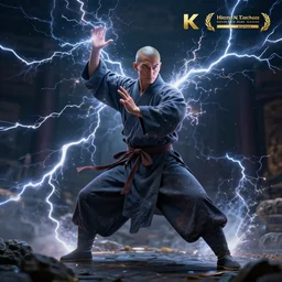 full body pose, hyperrealistic photograph of a shaolin monk manipulating thunder, dim volumetric lighting, 8 k, octane beautifully detailed render, extremely hyper detailed, intricate, epic composition, cinematic lighting, masterpiece, trending on artstation, very very detailed, stunning, hdr, smooth, sharp focus, high resolution, award, winning photo