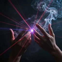 smoke hands, lasers, darkness, macro, wide angle, elaborate, smoke, highly detailed, beautiful lighting