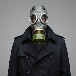 a gas mask wearing a black trenchcoat