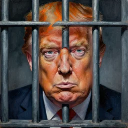 prison cell behind bars of jail gediminas pranckevicius | close up portrait of a evil trump with orange hair behind jail bars in the sinister, one mouth, one nose, two eyes, oil painting by tomasz jedruszek, cinematic lighting, pen and ink, intricate line, hd, 4 k, million of likes, trending on artstation