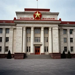 60s movie still of a sovietic museum stalinist style, cinestill 800t 10mm eastmancolor, liminal Space style, heavy grain, high quality, high details, panoramic