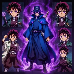 a plague doctor with a blue wizard robes as a d & d character, blue robe, magical, purple highlights, starwars, purple evil aura, concept sheet, painting by gaston bussiere, demon slayer, akiri toriyama, dramatic lighting, purple lighting, anime