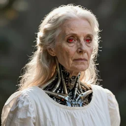 old woman in a white dress with the red eye of terminator