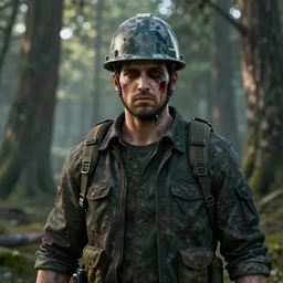 portrait of DayZ zombie survival video game 0.62 single adult male with hardhat with full person in the shot, in a forest, serene, hyperdetailed texture, beautiful octane lighting, trending on artstationhq, futuristic concept art