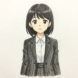 drawn anime woman in business clothing, crayon art, very silly, very anime