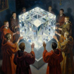 worshippers in robes holding a very large crystal tesseract radiating white light, interior of a small room, glowing crystal tesseract!!!!!!!!!!!!!!!!!!, beksinski painting, part by adrian ghenie and gerhard richter. art by takato yamamoto. masterpiece, deep colours