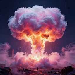 a nuclear blast made out of cotton candy, synthwave, vivid, apocalyptic, volumetric illumination