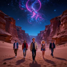 astral travel mysterious desert canyon at night, infinite sky, synthwave, bright neon colors, highly detailed, cinematic, tim white, michael whelan, roger dean, bob eggleton, lisa frank, vladimir kush, kubrick, kimura, isono