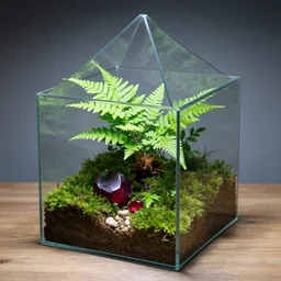 a pyramid of glass terrarium cube with fern, moss and a ruby inside