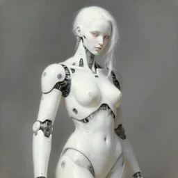 the cyberpunk cyborg android has a standard white appearance with a little wild and mysterious beauty, artwork by adolph menzel