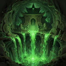 ninja temple in a puritan underground sewerage network, unadorned, green glowing slime flowing down from the sewers, intricate, highly detailed, digital painting, artstation, concept art, cinematic lighting, illustration, by artgerm, greg rutkowski, alphonse mucha, cgsociety