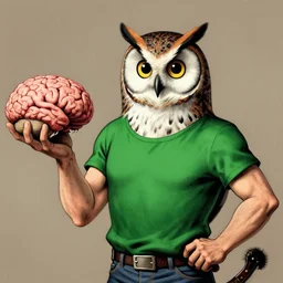 Demonic Owl man wearing green shirt brandishing a decomposing human brain dave dorman guillem h. pongiluppi norman rockwell