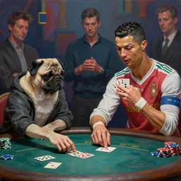 hyper detailed 3d render like a Oil painting - Cristiano Ronaldo playing poker with a pug by Jacek Yerka, Mariusz Lewandowski, Houdini algorithmic generative render, Abstract brush strokes, Masterpiece, Edward Hopper and James Gilleard, Zdzislaw Beksinski, Mark Ryden, Wolfgang Lettl, hints of Yayoi Kasuma, octane render, 8k
