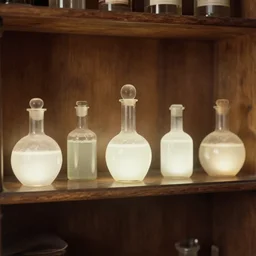 five separate glowing potions on a wooden shelf, 1 2 century photograph captured in an office