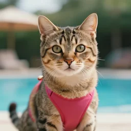 a cinematic cat in a swimsuit, front view, ultra realistic, canon, 3 5 mm, bokeh, coherent